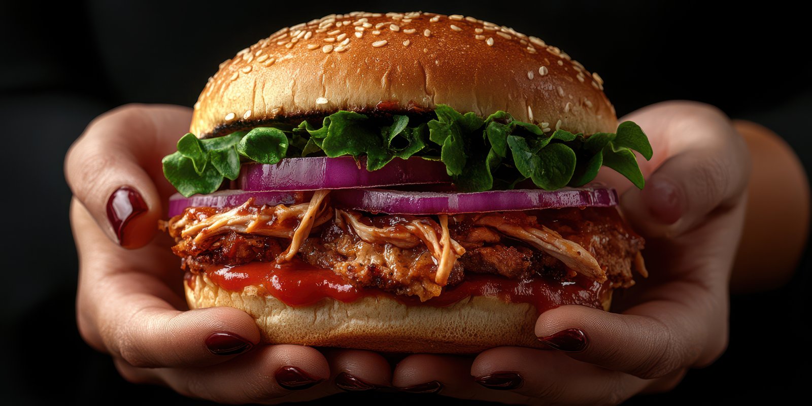 Delicious pulled chicken burger with fresh lettuce and onion served in a sesame seed bun